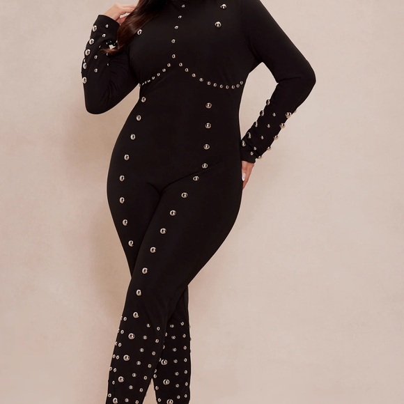 Sleek Black Studded Jumpsuit with High Neckline - Picture 1 of 10